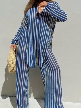 Blue And White Striped Women's Jacquard Fabric Open Front Shirt Collar Cover-Up